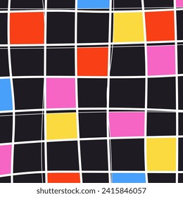 Simple Geometric Hand Drawn Irregular Pattern. Cute groovy Colored Doodle Checkered drawing. Brutal bright colors Square Poster.