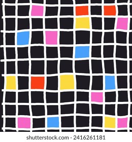 Simple Geometric Hand Drawn Irregular Pattern. Cute groovy Colored Doodle Checkered drawing. Brutal bright colors Square Poster.