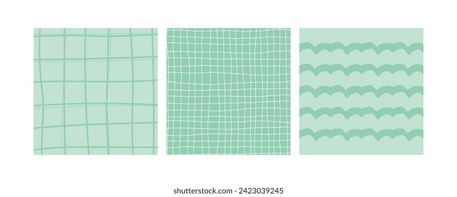 Simple Geometric Hand Drawn Irregular Patterns. Colored Doodle Checkered simple drawing with textures. Square Poster set.
