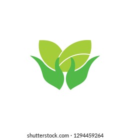 simple geometric hand hold leaf plant circle logo vector