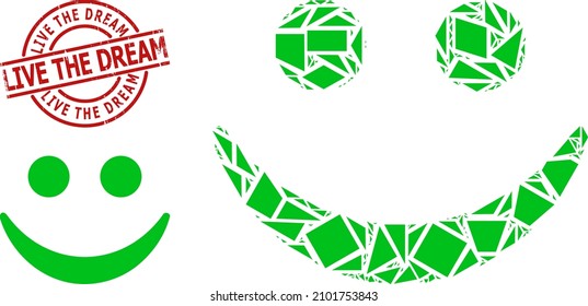 Simple geometric happy smile mosaic and Live the Dream corroded seal. Red seal has Live the Dream tag inside circle and lines template.
