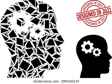 Simple geometric head gears mosaic and Designed in 2022 unclean stamp. Red stamp contains Designed in 2022 title inside circle and lines template.