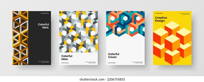 Simple geometric hexagons annual report template collection. Colorful booklet A4 vector design concept composition.