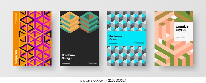 Paquete de ilustraciones de folletos de la compañía de hexágonos geométricos simples. Conjunto de plantillas vectoriales de diseño A4 de postal original.