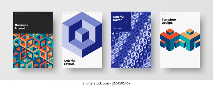 Simple geometric hexagons front page illustration collection. Vivid booklet A4 vector design concept set.