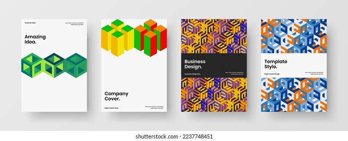 Simple geometric hexagons handbill concept set. Amazing company brochure design vector layout collection.