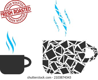 Simple geometric hot tea cup mosaic and Fresh Roasted unclean stamp seal. Red stamp seal includes Fresh Roasted text inside round and lines form.