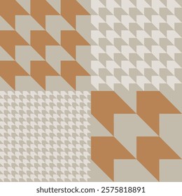 Simple geometric houndstooth pattern in four different scales in a subtle color palette of brown, gray and off white. Minimal classic vector seamless pattern. Great for home decor, fabric, wallpaper.