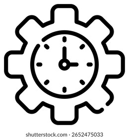 Ícone geométrico simples de um relógio com uma engrenagem representando a eficiência.