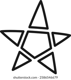 Simple geometric illustration of a five pointed star created by combining five triangles, forming a pentagon in its center, drawn with a thick black outline on a white background