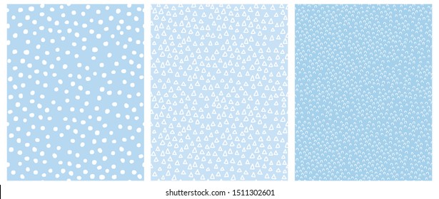 Simple Geometric Irregular Vector Prints Ideal for Fabric, Textile, Wrapping Paper. Abstract Hand Drawn Childish Style Vector Patterns. White Triangles, Arches and Dots Isolated on a Blue Background.