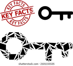 Simple Geometric Key Mosaic And Key Facts Scratched Stamp Print. Red Stamp Contains Key Facts Title Inside Round And Lines Form. Vector Key Icon Collage Designed From Randomized Triangles,