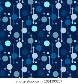 Simple geometric light circles and lines on dark blue background. Bright abstract vector seamless patterns for textile, prints, wallpaper etc.
