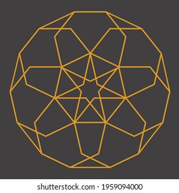 A simple geometric line art pattern of connected heptagon shapes with a star at the center in orange color on a grey-brown background, vector illustration