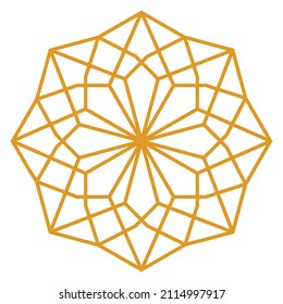 A simple geometric line art pattern inside a star shape with crossing and connecting lines in gold color outline on a white background, vector illustration