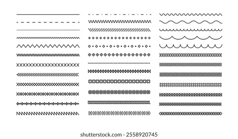 Simple geometric line borders. Minimal decorative dividers and border patterns with dashed, zigzag, wavy and diamond shapes for page decoration. Linear decor vector set.