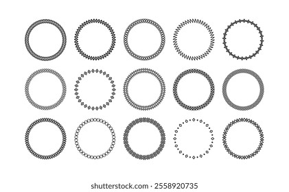 Simple geometric line circle frames. Minimalist decorative circular border designs with geometric patterns, zigzags, diamonds and grid lines for badge and label designs. vector set.