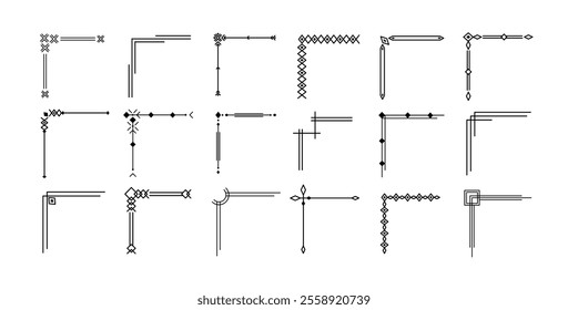 Simple geometric line corners. Elegant corner decorative flourishes, borders with minimalist geometric patterns. Modern and clean linear framing graphic styles vector set.