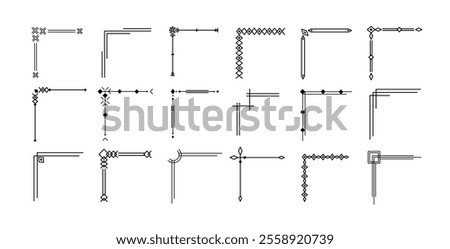 Simple geometric line corners. Elegant corner decorative flourishes, borders with minimalist geometric patterns. Modern and clean linear framing graphic styles vector set.