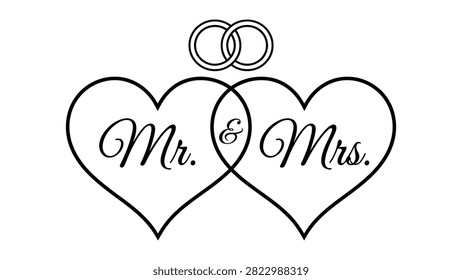 Simple geometric line drawing of two hearts joined by center and wedding bands above. Modern clean aesthetic for marriage announcements and stationery.