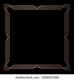 Simple geometric linear golden frame in Art Deco style. Vector illustration, design elements. Golden border isolated on black background,