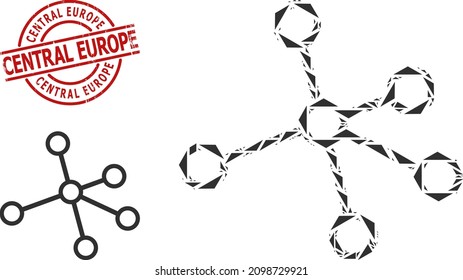 Simple geometric links mosaic and Central Europe dirty stamp seal. Red stamp seal has CENTRAL EUROPE tag inside round and lines form. Vector links icon collage is constructed of randomized triangles,