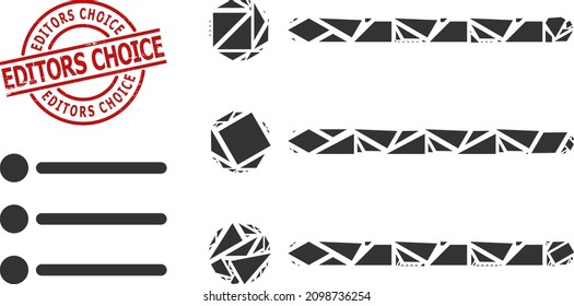 Simple geometric list items mosaic and Editors Choice scratched stamp seal. Red seal contains Editors Choice title inside round and lines shape.