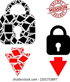 Simple geometric lock down mosaic and Secret Mission rubber stamp. Red stamp seal contains SECRET MISSION text inside round and lines template.