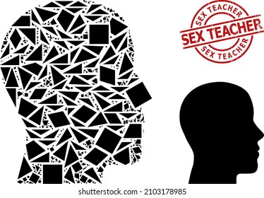 Simple geometric man profile mosaic and Sex Teacher corroded stamp seal. Red stamp seal includes Sex Teacher text inside round and lines form.