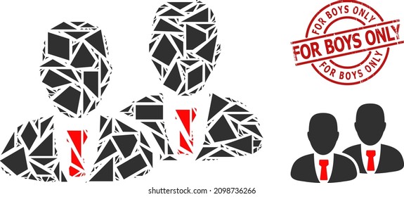 Simple geometric managers mosaic and For Boys Only textured stamp seal. Red stamp seal contains FOR BOYS ONLY tag inside round and lines shape.