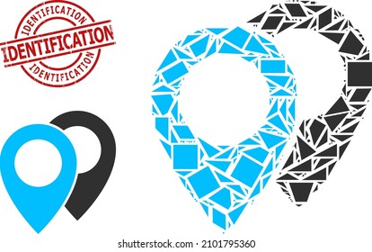 Simple geometric map markers mosaic and IDENTIFICATION dirty stamp seal. Red stamp seal includes IDENTIFICATION title inside round and lines shape.