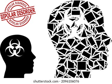 Einfaches geometrisches mentales Virus-Mosaik und BIPOLAR DISORDER-Grunge-Siegel. Rotes Siegel hat eine Bipolare Disorder-Bildunterschrift in Rundung und Linienform.