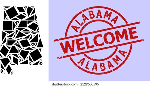 Simple geometric mosaic map of Alabama State with corroded stamp imitation. Red stamp has Welcome title inside circle and lines template.