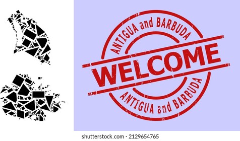 Simple geometric mosaic map of Antigua and Barbuda with dirty stamp imitation. Red stamp seal includes Welcome tag inside round and lines template.