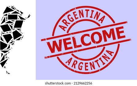 Simple geometric mosaic map of Argentina with dirty stamp seal. Red stamp contains Welcome text inside round and lines form. Vector mosaic map of Argentina collage constructed of scattered triangles,