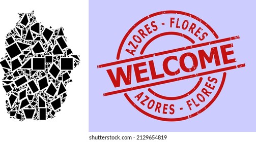 Simple geometric mosaic map of Azores - Flores Island with grunge stamp seal. Red stamp seal contains Welcome tag inside circle and lines template.