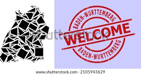 Simple geometric mosaic map of Baden-Wurttemberg State with grunge stamp imitation. Red stamp includes Welcome title inside circle and lines shape.