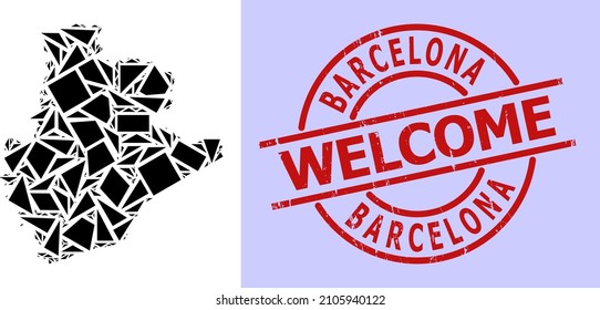 Simple geometric mosaic map of Barcelona Province with grunge stamp seal. Red stamp seal includes Welcome title inside circle and lines shape.