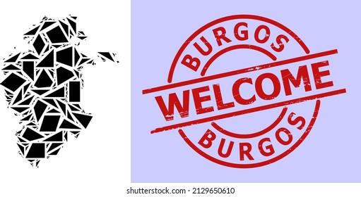 Simple geometric mosaic map of Burgos Province with grunge stamp print. Red stamp has Welcome title inside round and lines shape.