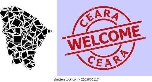 Simple geometric mosaic map of Ceara state with grunge stamp imitation. Red stamp seal includes Welcome caption inside circle and lines form.