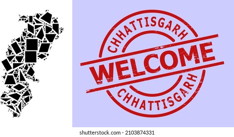 Simple geometric mosaic map of Chhattisgarh State with dirty stamp seal. Red stamp seal has Welcome text inside circle and lines shape.