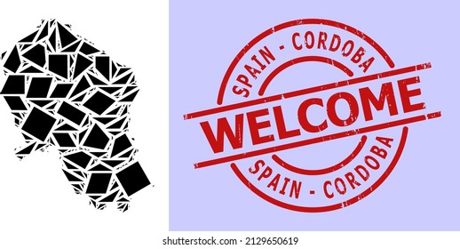 Simple geometric mosaic map of Cordoba Spanish Province with textured stamp seal. Red stamp seal contains Welcome title inside circle and lines template.