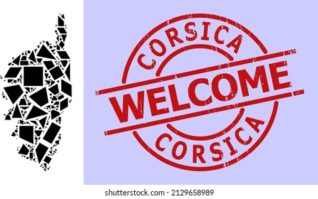 Simple geometric mosaic map of Corsica with rubber seal. Red seal includes Welcome text inside circle and lines template. Vector mosaic map of Corsica collage filled with randomized triangles