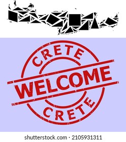 Simple geometric mosaic map of Crete Island with rubber stamp seal. Red stamp seal has Welcome text inside round and lines shape.