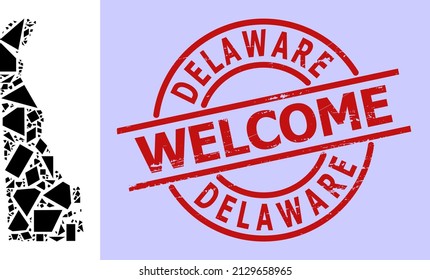Simple geometric mosaic map of Delaware State with scratched stamp. Red stamp includes Welcome caption inside circle and lines template.