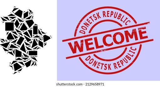 Simple geometric mosaic map of Donetsk Republic with corroded stamp. Red stamp contains Welcome tag inside circle and lines template.