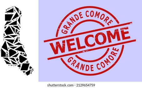 Simple geometric mosaic map of Grande Comore Island with grunge stamp seal. Red seal has Welcome caption inside round and lines shape.