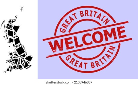 Simple geometric mosaic map of Great Britain with corroded stamp print. Red stamp includes Welcome title inside circle and lines form.