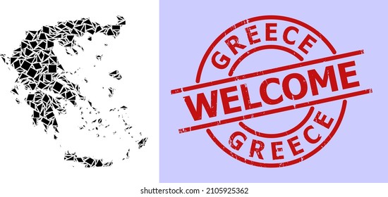 Simple geometric mosaic map of Greece with rubber stamp seal. Red stamp seal contains Welcome title inside circle and lines template.