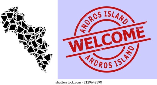 Simple geometric mosaic map of Greece - Andros Island with rubber stamp. Red stamp contains Welcome text inside round and lines shape.
